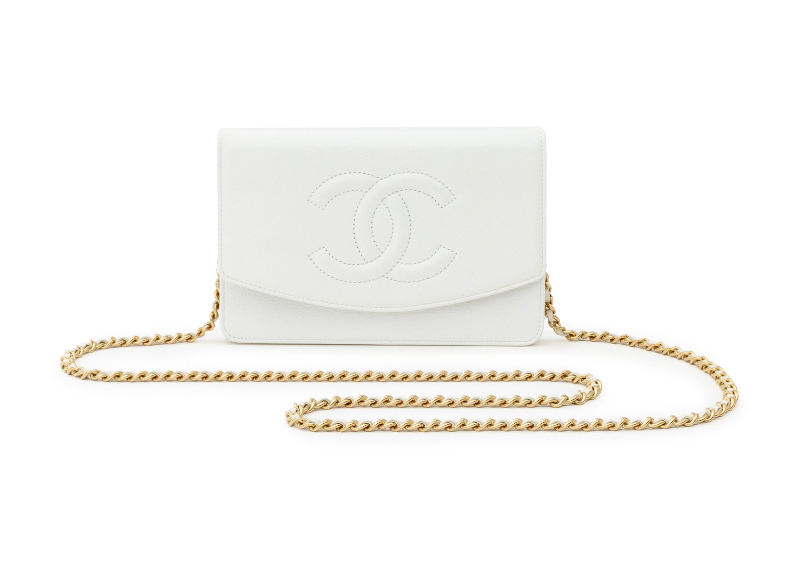 Chanel Caviar "Timeless" Wallet on Chain: Chanel Caviar "Timeless" Wallet on Chain, in white leather, the gold-tone and leather crossbody strap, fold-over top with embossed "CC" logo, opening to divided cream lined interior, no. 9764406, mark