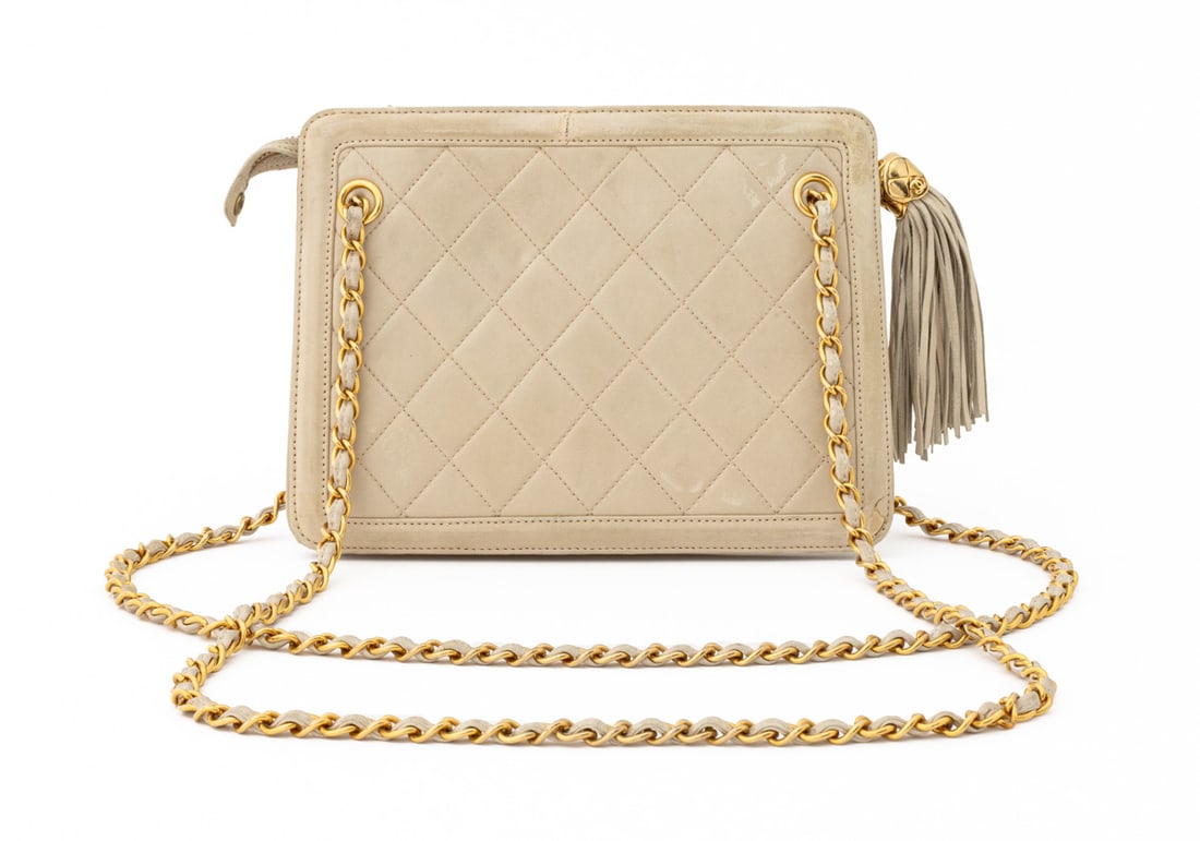 Chanel Matelasse Beige Lambskin Shoulder Bag: Chanel Matelasse Quilted Beige Lambskin Shoulder Bag, with gold-tone metal double chain strap, tassel zipper closure, and marked "Chanel / Made in Italy" inside with serial number "1289320" label to i