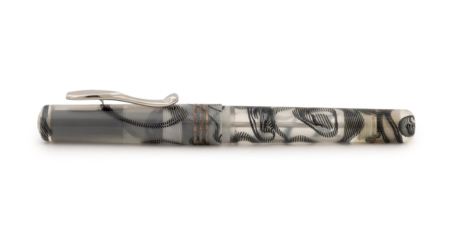 Visconti "Voyager" Demo Fountain Pen: Visconti "Voyager" Demo Fountain Pen, transparent case with black patterns, three sterling silver accent bands, marked "31" out of an edition of 888 and "Visconti / Voyager" to case, gold nib marked "