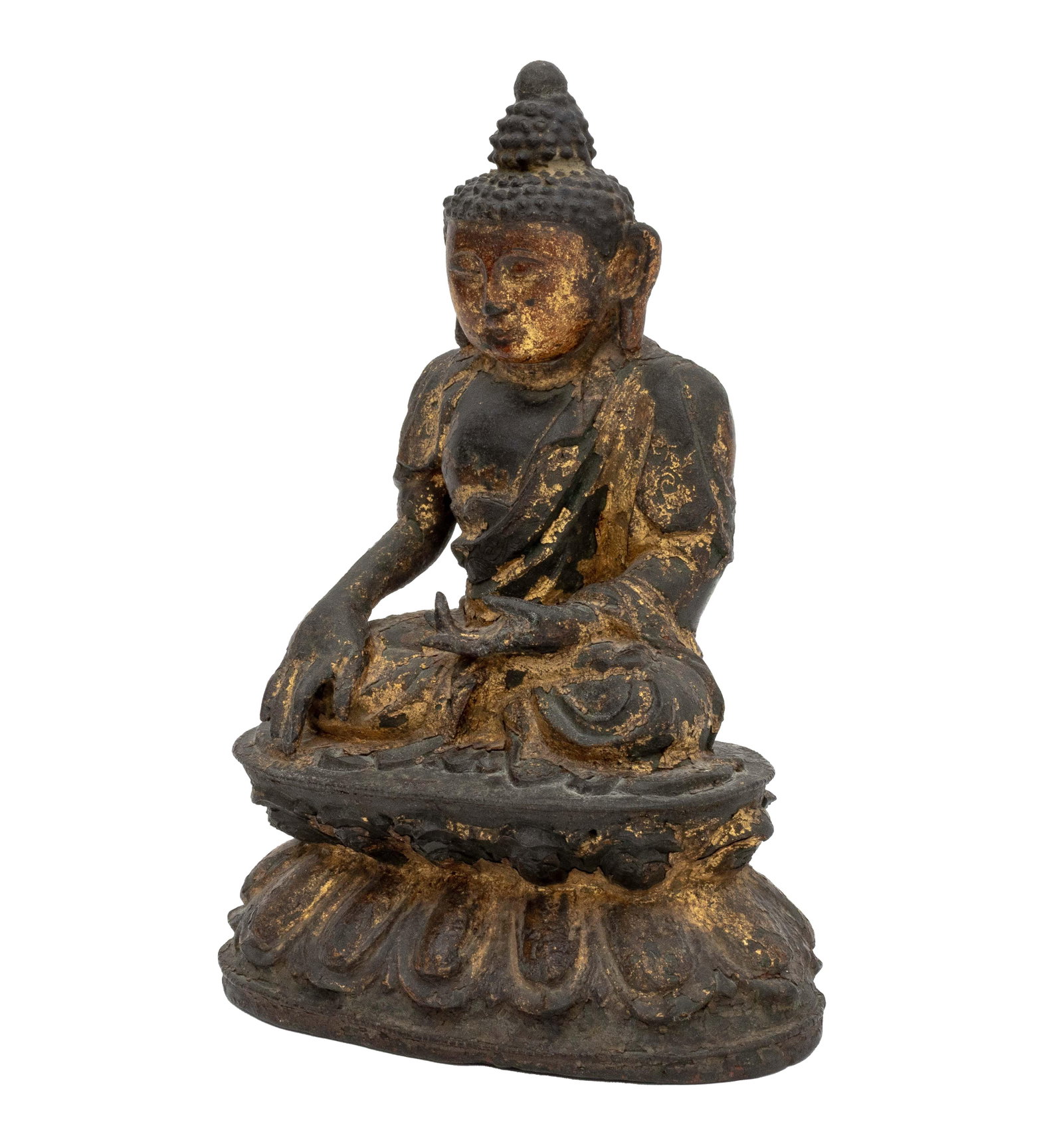 Chinese Seated Buddha Gilt Bronze Sculpture: Chinese Seated Buddha Gilt and Red Patinated Bronze Sculpture, the figure atop a double lotus pedestal. 9" H x 6.25" W x 3.25" D. Provenance: From a 500 Park Avenue Estate. Keywords: Asian Art, China,