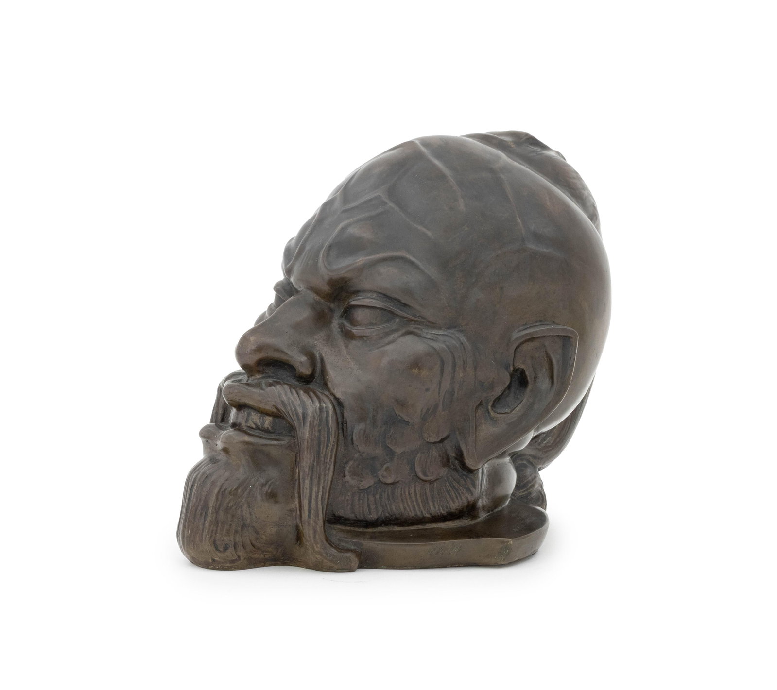 Japanese Patinated Bronze Oni Bust Sculpture: Japanese Patinated Bronze Oni Bust Sculpture, the bearded figure with pointed ears. 9.5" H x 11.75" W x 7" D. Provenance: From a 500 Park Avenue Estate. Keywords: Asian Art, Meiji Bronze, Statue, Port