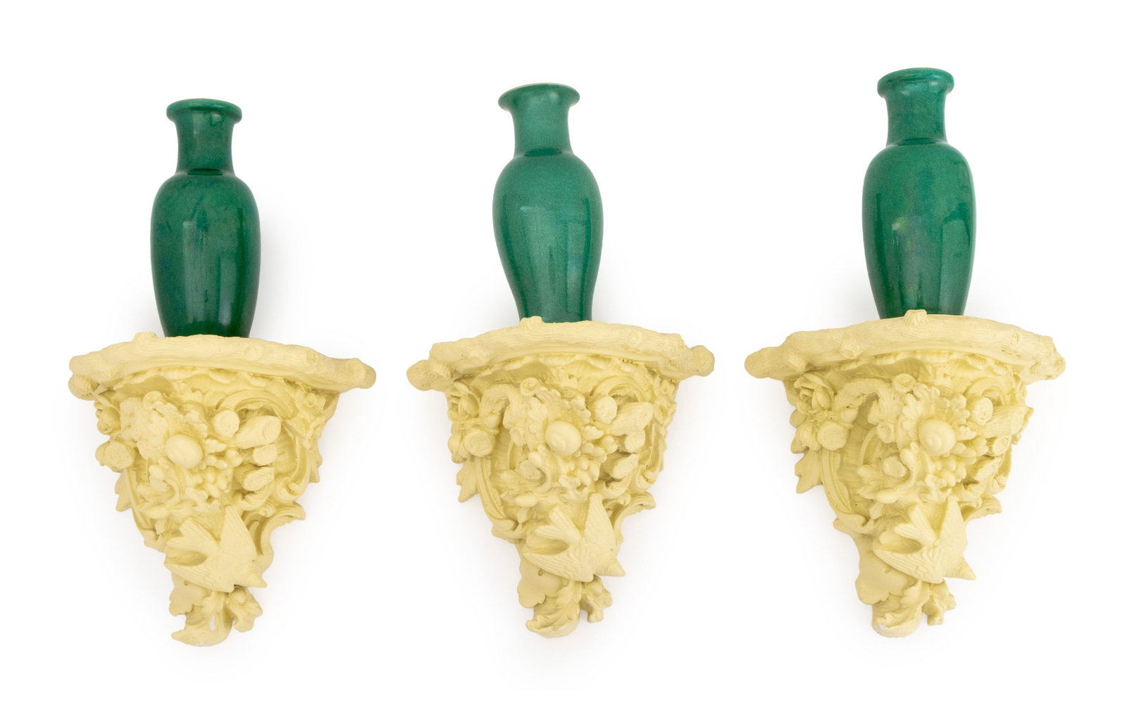 Chinese Apple Green Porcelain Vases on Corbels, 3: Set of Three Chinese Apple Green Porcelain Vases Mounted on Yellow Painted Plaster Seashell Motif Corbels. One vase with loss to rim. Crazing to vessels. 24" H x 14.75" W x 9" D. Provenance: From a Fo