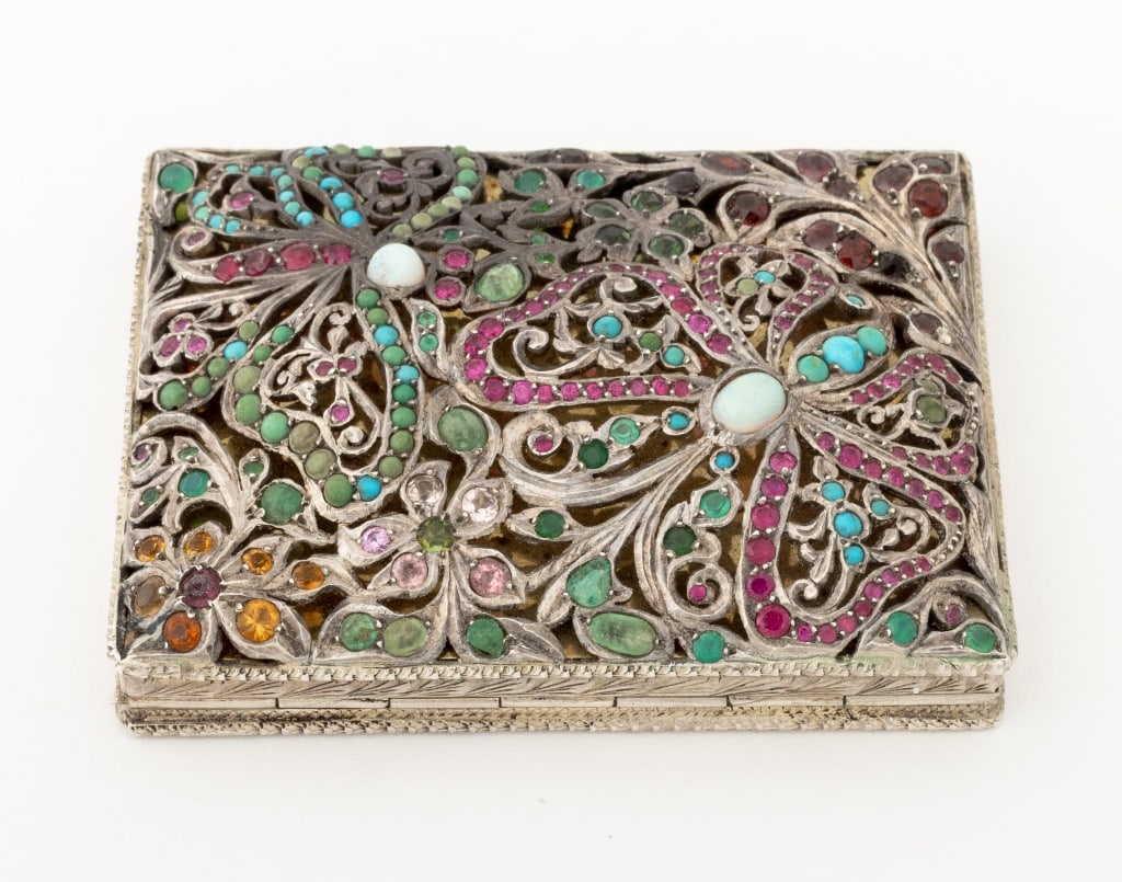 Floral Motif Gemstone Mounted Silver Compact - 4