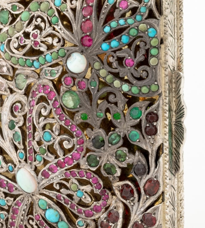 Floral Motif Gemstone Mounted Silver Compact - 6