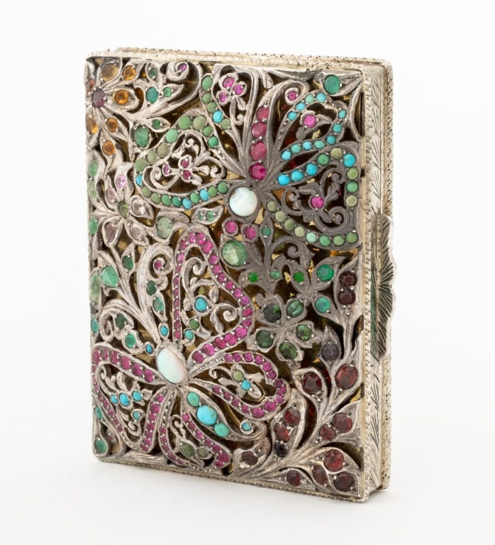 Floral Motif Gemstone Mounted Silver Compact - 7