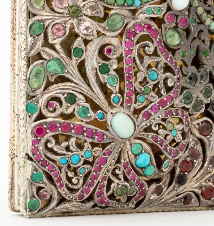 Floral Motif Gemstone Mounted Silver Compact - 8