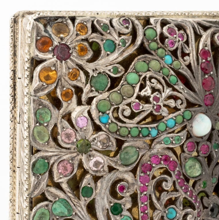 Floral Motif Gemstone Mounted Silver Compact - 9