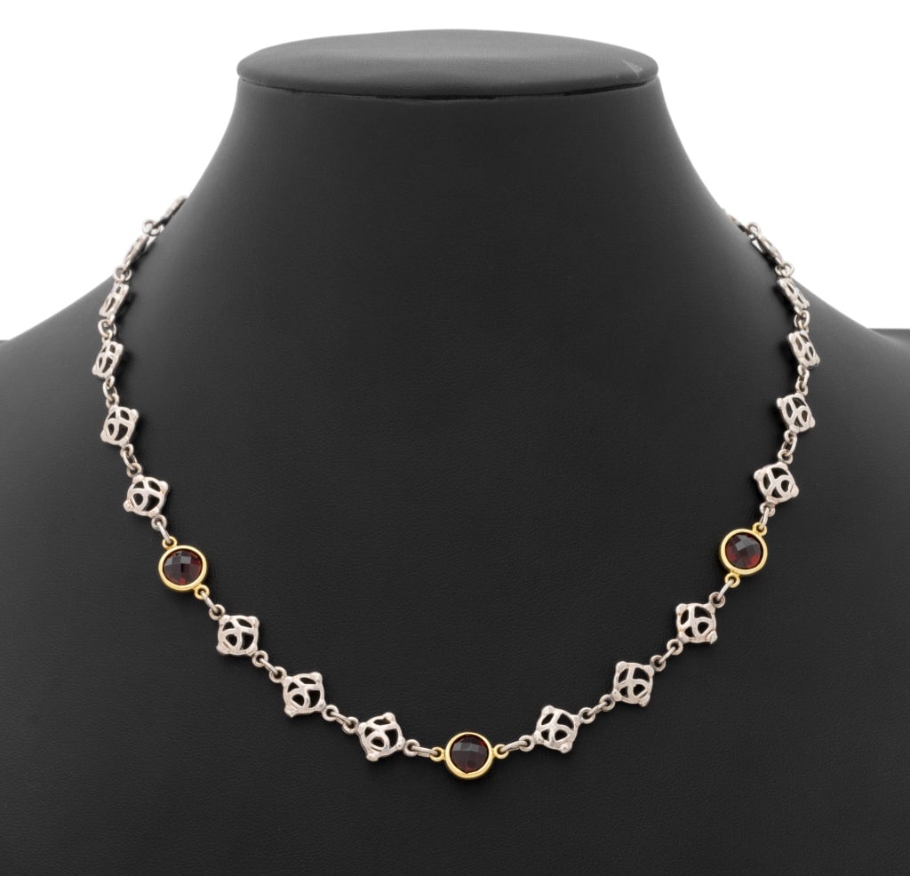 David Yurman Garnet Silver and Gold Necklace: David Yurman Sterling Silver 18K Yellow Gold Garnet Necklace, decorated with three bezel set garnets weighing a total of approx. 2.35 carats, worn with DY link chain necklace joined with lobster claw 