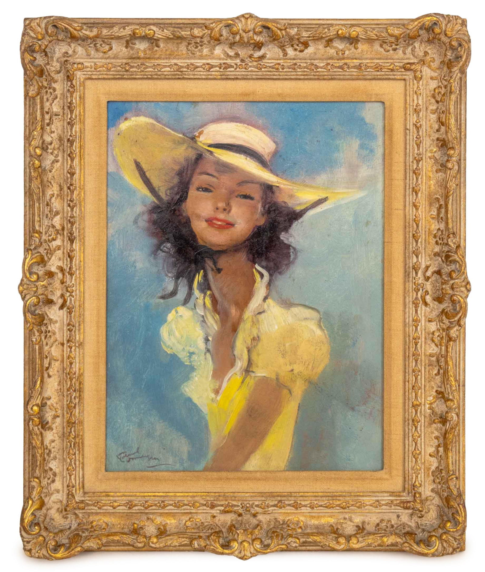 Jean Gabriel Domergue Portrait of a Lady Oil: Jean Gabriel Domergue (French, 1889-1962), Portrait of a Lady Wearing a Sun Hat, Oil on Masonite, signed lower left, giltwood frame. Image: 12.25" H x 9" W; frame: 17.5" H x 14.5" W x 2" D. Provenance