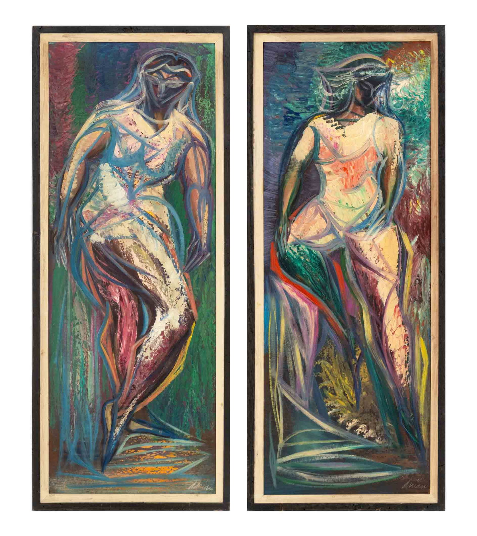 Adrian Stylized Woman Diptych Oil on Masonite, 2: Adrian (XX), Stylized Woman Diptych, Two Oils on Masonite, each signed lower right, ebonized wood frames. Each image: 47.5" H x 17.5" W; frame: 51" H x 21" W. Provenance: From a Scarsdale, New York Es