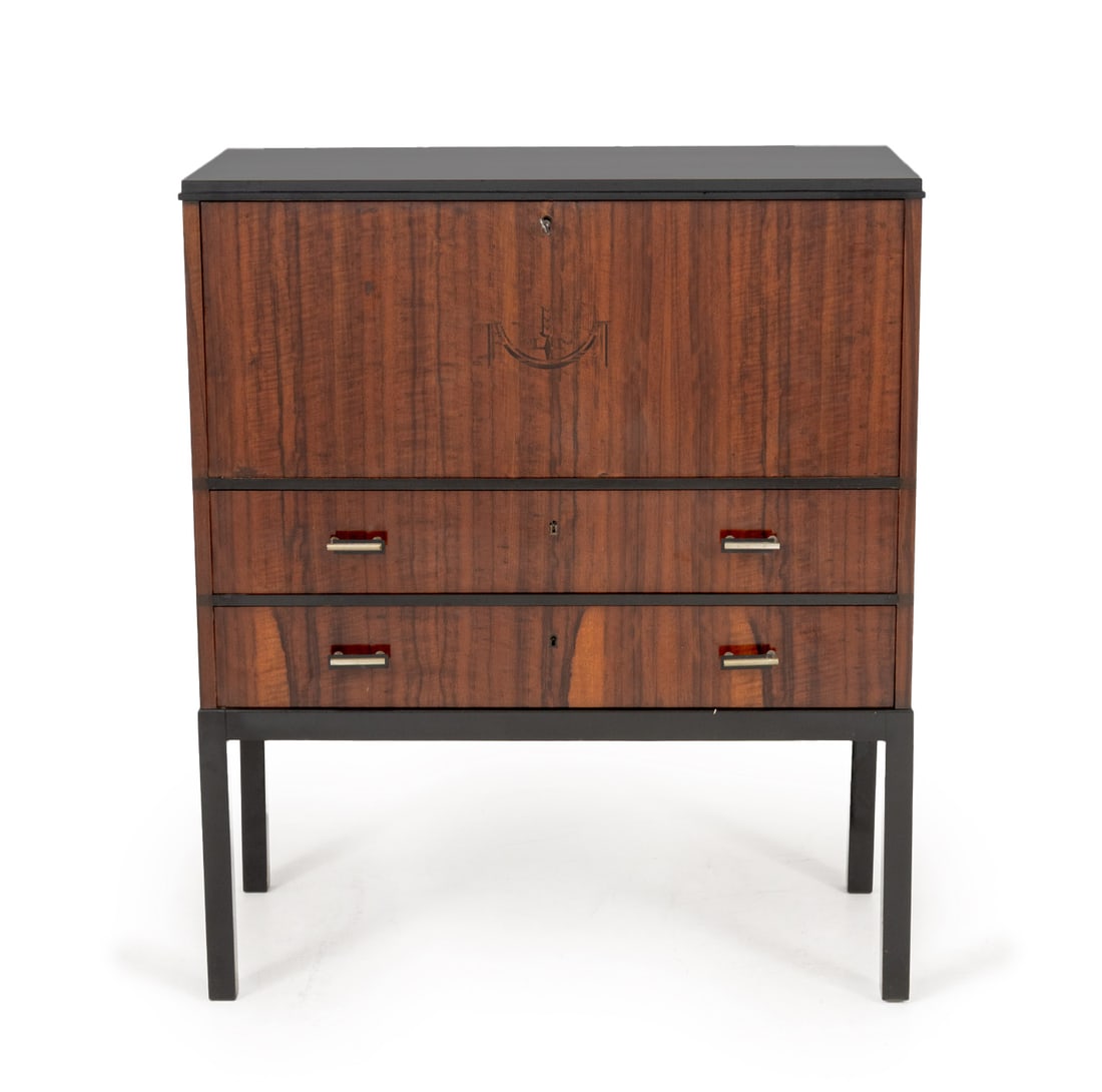 Petterson & Nilson Mid-Century Modern Secretaire: A. B. Petterson & Nilson Swedish Mid-Century Modern Drop-Front Secretaire, parcel-ebonized wood with ornamental inlay, metal pulls, makers label to back. 43.5" H x 37" W x 19" D. Provenance: From a 48