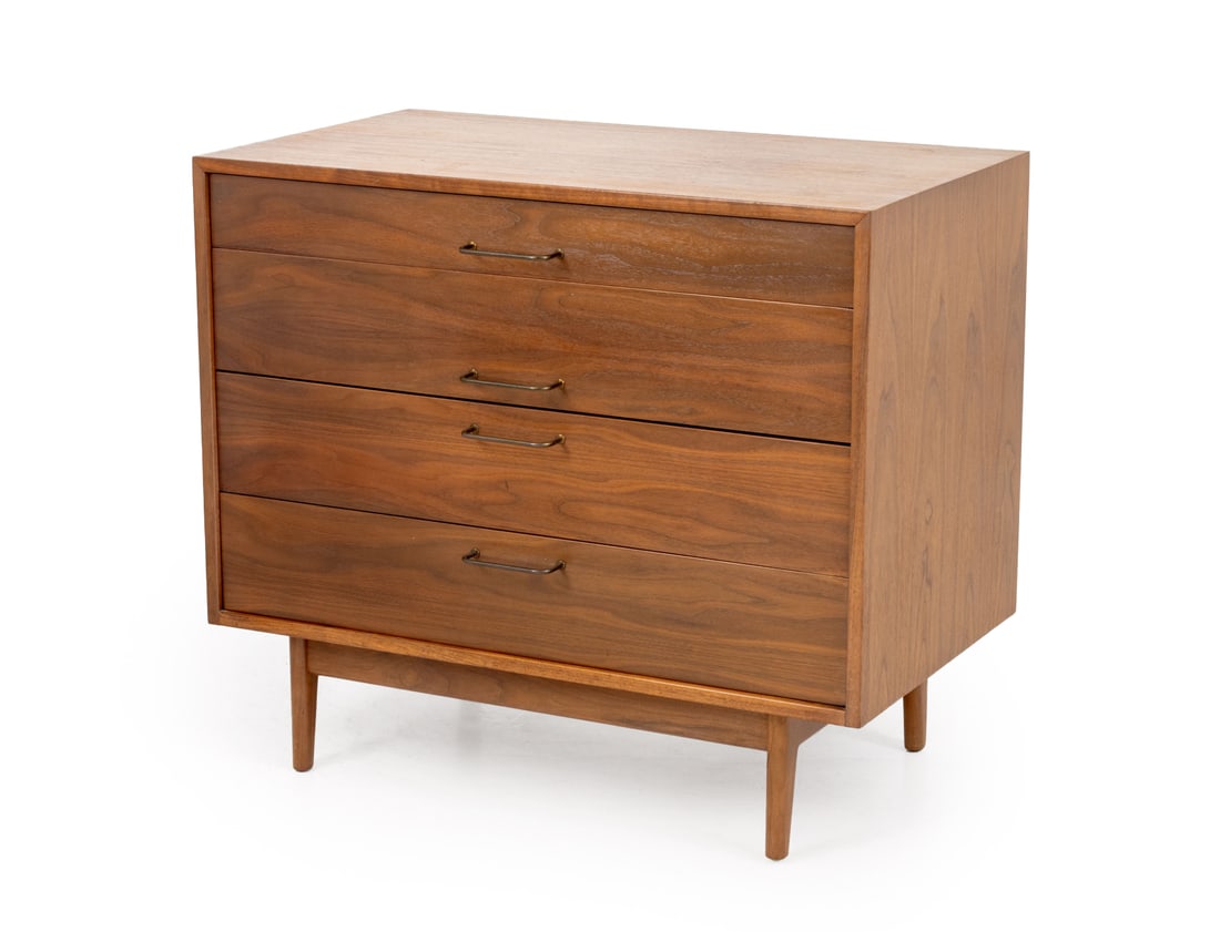 Jens Risom Walnut Chest of Drawers: Jens Risom Walnut Chest of Drawers, with three frieze drawers on four tapered legs, "Jens Risom Design, Inc." label to reverse. 32" H x 36" W x 21" D. Provenance: From a 5th Avenue Estate. Keywords: D