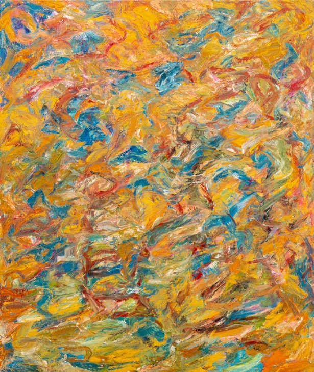 Andy Miller Abstract Composition Oil on Canvas: Andy Miller (American, b. 1950), Abstract Composition, Oil on Canvas, impasto details, ochre and red waves over navy blue, with artist's studio stamp verso, apparently unsigned, can be hung horizontal