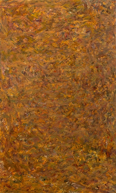 Andy Miller Abstract Composition Oil on Canvas: Andy Miller (American, b. 1950), Abstract Composition, Oil on Canvas, impasto details, warm greens and ochre, with artist's studio stamp and signed verso, unframed. 39" H x 65" W. Provenance: From the