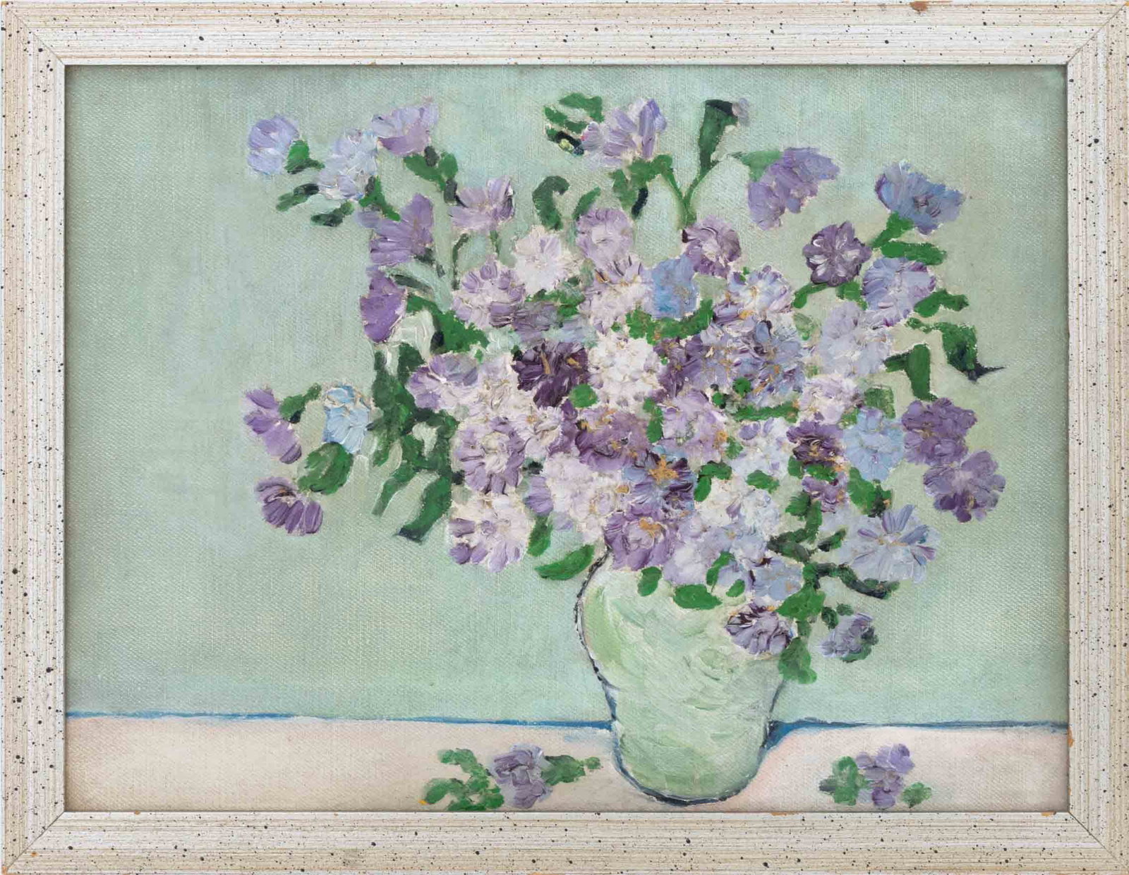 Still Life Scene of Purple Flowers Oil on Canvas: 20th Century School, Still Life Scene of a Vase of Purple Flowers, Oil on Canvas, unsigned, silvered wood frame. Image: 8.5" H x 11.5" W; frame: 10" H x 13" W x 0.75" D. Provenance: From a Connecticut