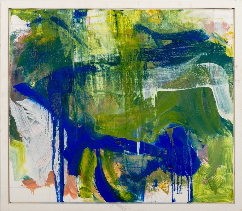 Robert O'Meara Abstract Composition Oil on Canvas: Robert O'Meara (American, 1957-2024), Abstract Expressionist Composition, Diluted Oil on Canvas, abstraction in blues and greens, apparently unsigned, white painted wood frame. 19" H x 22" W; frame: 2