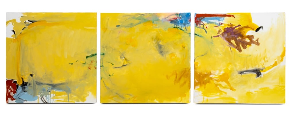 Robert O'Meara Abstraction in Yellow Triptych Oil: Robert O'Meara (American, 1957-2024), Abstract Composition in Yellow Triptych, Three Oil on Canvas, signed verso, unframed. Each panel: 24.25" H x 24.25" W; overall: 24.25" H x 72.75" W. Provenance: F