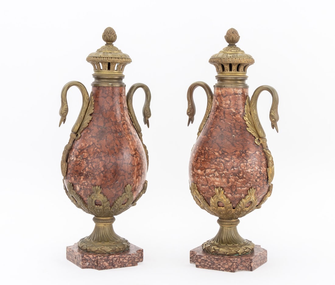 French Ormolu Mounted Rouge Griotte Urns, Pair - 2