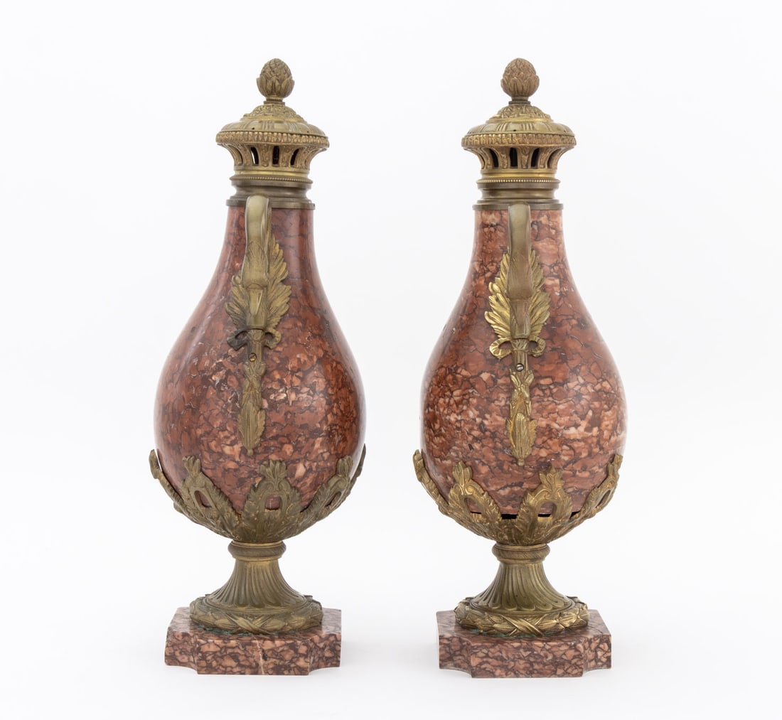 French Ormolu Mounted Rouge Griotte Urns, Pair - 7