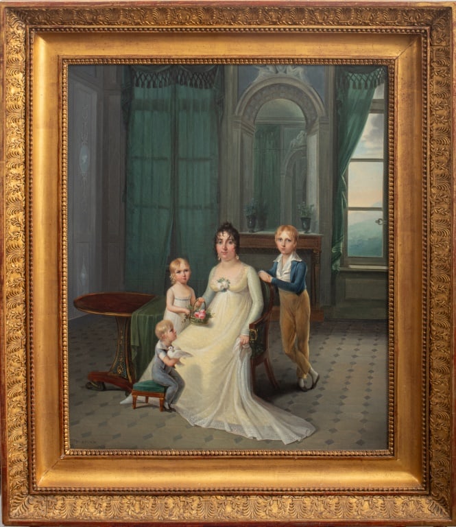 Francois Kinson Attr. Family Portrait, ca. 1825: Francois Joseph Kinson (Flemish, 1770-1839) Attributed, Portrait of a Family Amongst an Interior Scene, Oil on Canvas, circa 1825, signed "F. Kinson" lower left, depicting a mother figure and her thre