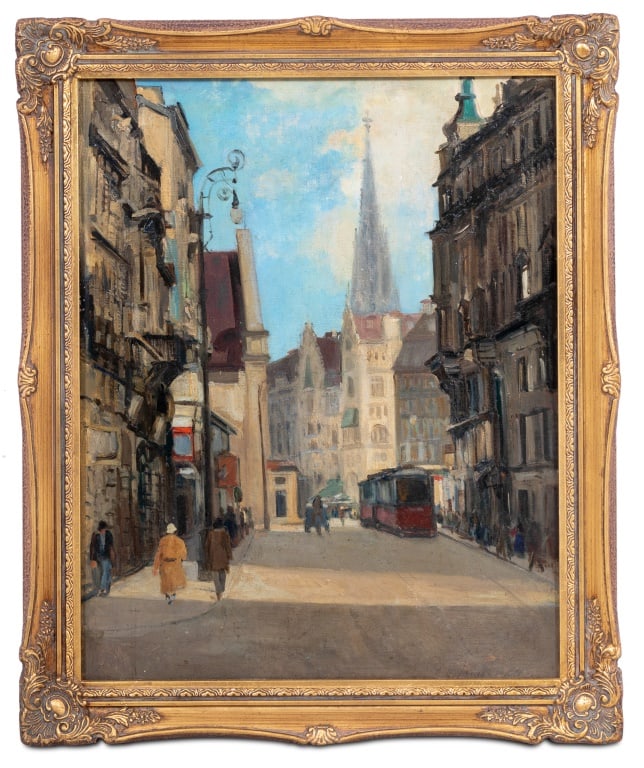 Austrian School Vienna Street Scene Oil on Board: Austrian School, Vienna Street Scene, Oil on Board, 20th century, with St. Stephen's Cathedral in the distance, signed illegibly lower right, giltwood frame. Image: 20" H x 16" W; frame: 23.5" H x 19.