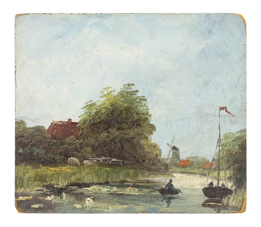 Dutch School River Landscape Oil on Panel: Dutch School, River Landscape Scene, Oil on Panel, depicting men in boats with a windmill on the horizon, apparently unsigned, unframed. 6.75" H x 8" W. Provenance: From a New York City Collection. Ke