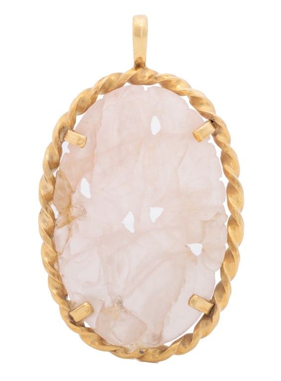 Chinese Carved Rose Quartz Yellow Gold Pendant: Chinese Carved Floral Motif Rose Quartz Prong Set Twisted Bezel-Ring 14K Yellow Gold Pendant, can be worn through on bail. Measuring approx. 2" x 1 1/4"; depth: 4.6 mm ; weight: 9.1 dwt. Provenance: F