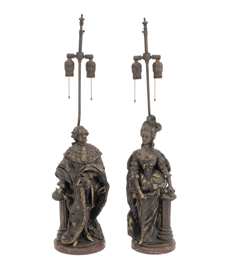 After Pierre-Ettienne Campagne Bronze Lamps, Pair: Pair of After Pierre-Ettienne Campagne (French, 1851-1914) Patinated Bronze Sculptures Mounted as Table Lamps, one depicting Marie Antoinette the other Louis XVI, each signed "Campagne" near base, wit
