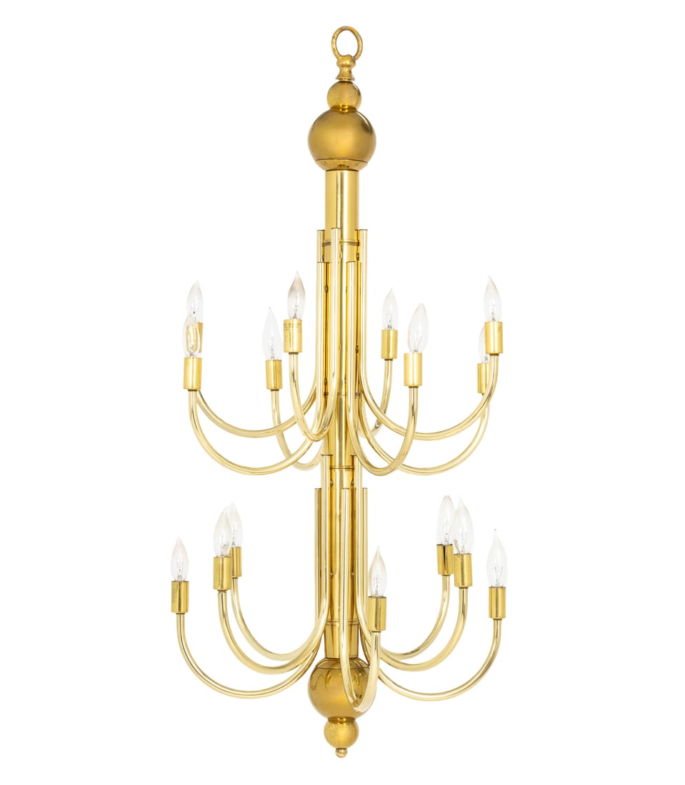 Mid-Century Modern Brass 16-Branch Chandelier: Mid-Century Modern Brass 16-Branch Chandelier, with two rows of eight branches. 42" H x 20" Diameter. Provenance: From a New York City Collection. Keywords: MCM, Vintage Lighting, Hanging light, Ceili