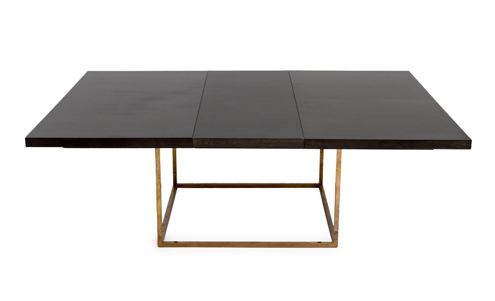 Mid-Century Modern Style Extending Dining Table: Mid-Century Modern Style Extending Dining Table, with brass base, wood top, and an extension leaf. 29.5" H x 66" W x 66" D; leaf: 22" W. Provenance: From a Park Avenue Collection. Keywords: Vintage Fu