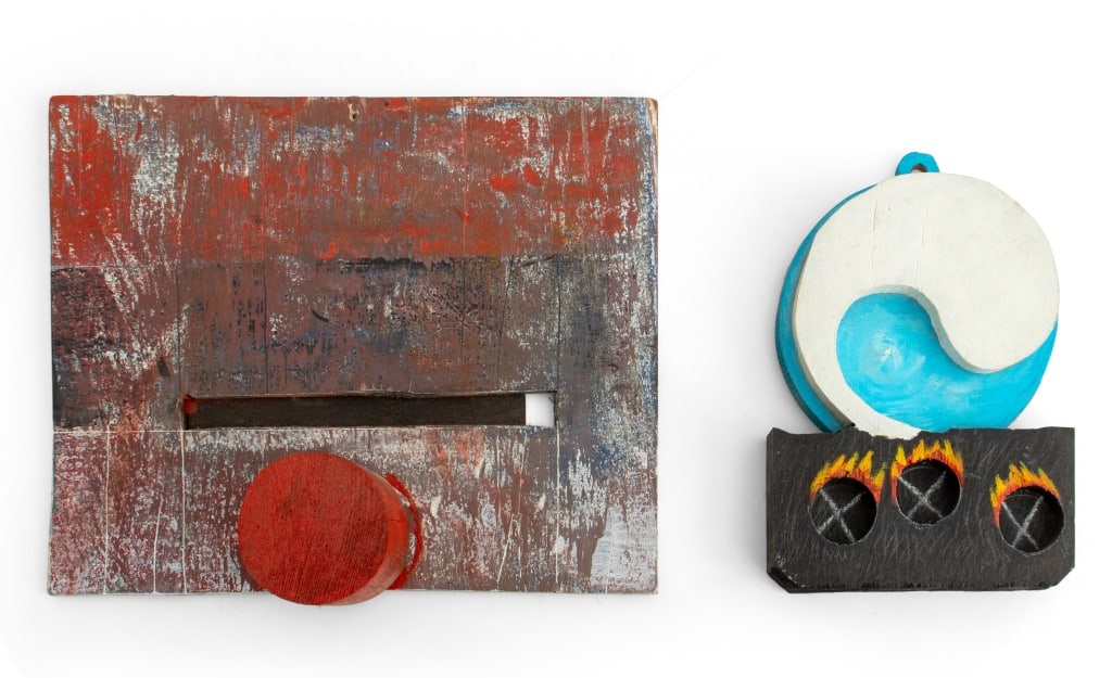 Domenick Capobianco Painted Wood Sculptures, 2: Domenick Capobianco (American, b. 1928) Two Abstract Polychrome Painted and Carved Wood Sculptures, wood carved into shapes and combined, the smaller signed "D. Capobianco / NYC" to reverse, the large