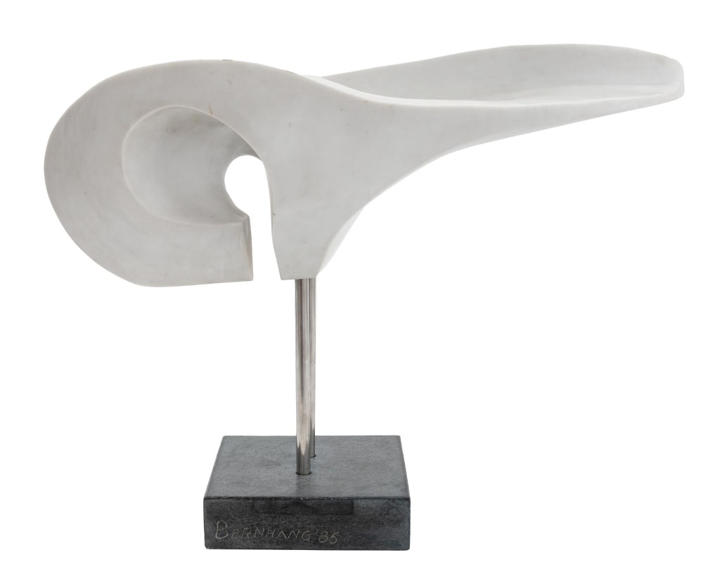Arthur M. Bernhang Gray Marble Sculpture, 1985: Arthur M. Bernhang (American, XX) Gray Marble Sculpture, 1985, the abstract form atop two chrome supports affixed to hardstone base signed and dated "Bernhang '85". Overall: 16.75" H x 23.5" W x 8.5" 