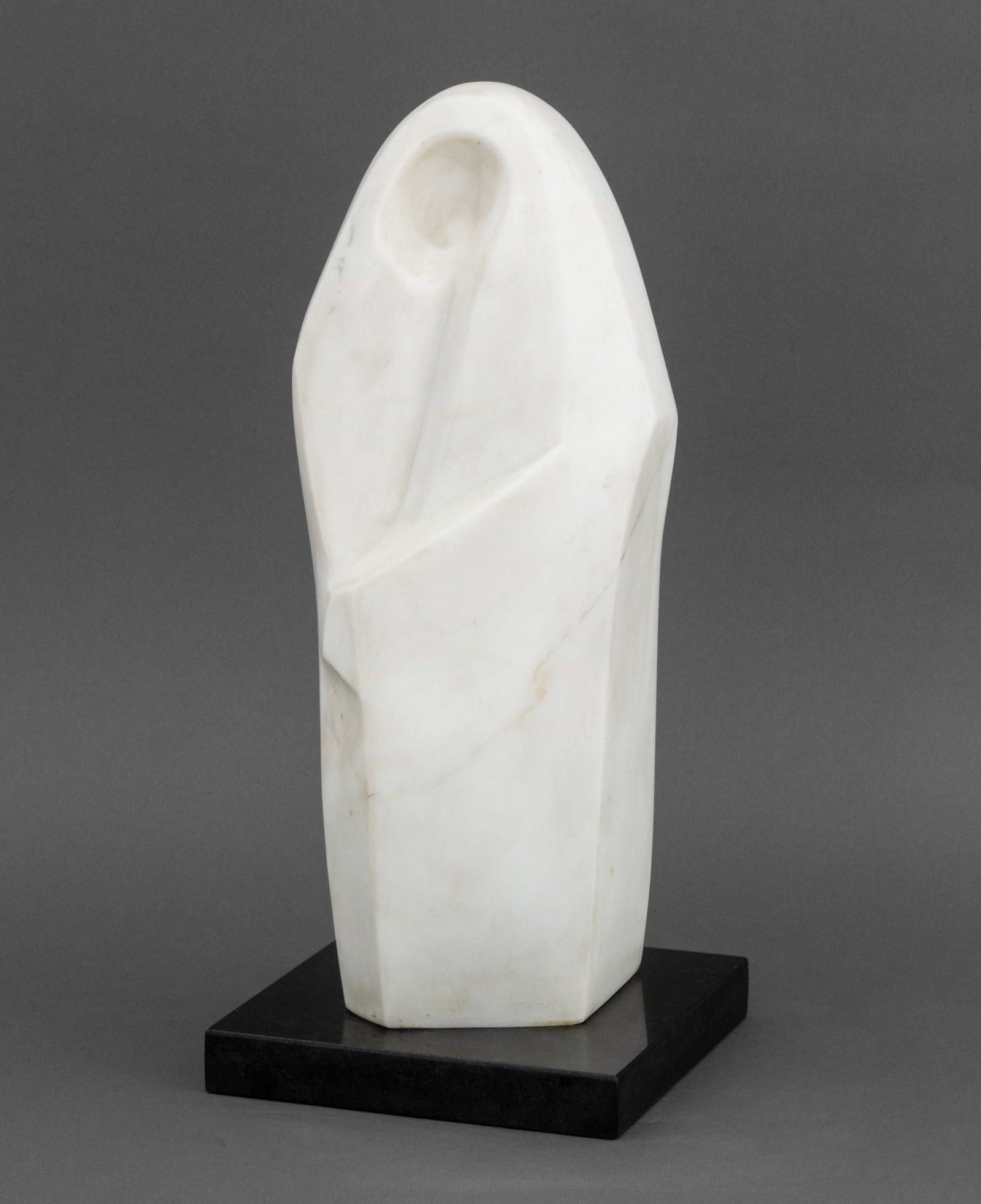 Modernist Abstract White Marble Sculpture, 1993: Modernist Abstract White Marble Sculpture, 1993, grey veined white marble sculpture on black stone base, signed and dated "FR 93" reverse. 18" H x 8" W x 8" D. Provenance: From a West Village Townhous