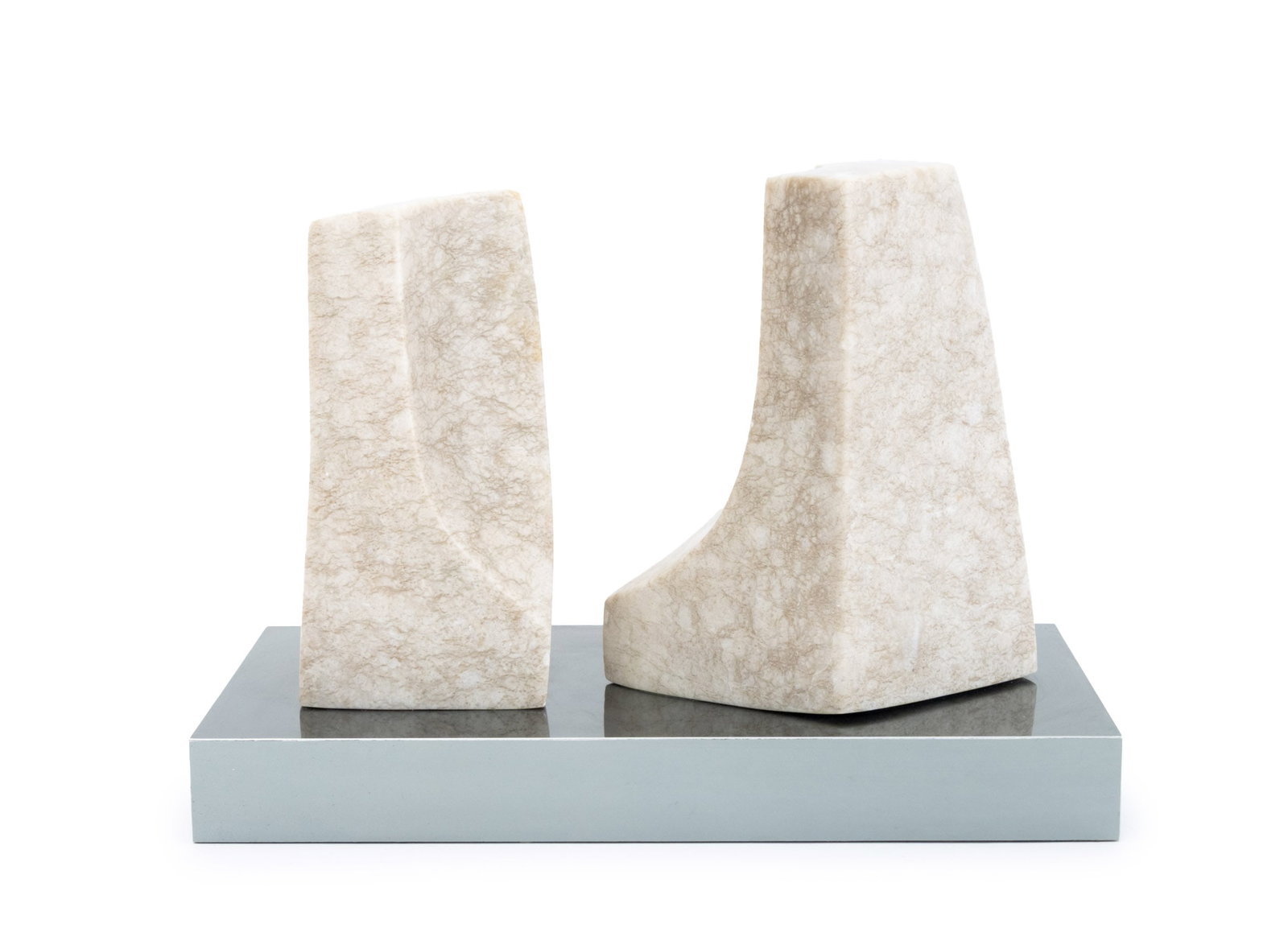 Modernist Abstract Marble Sculpture, 1971: Modernist Abstract Marble Sculpture, 1971, comprised of two beige marble pieces mounted on a mirrored base, signed and dated "FCR 71" to reverse of larger stone. 13" H x 17.75" W x 9.5" D. Provenance: