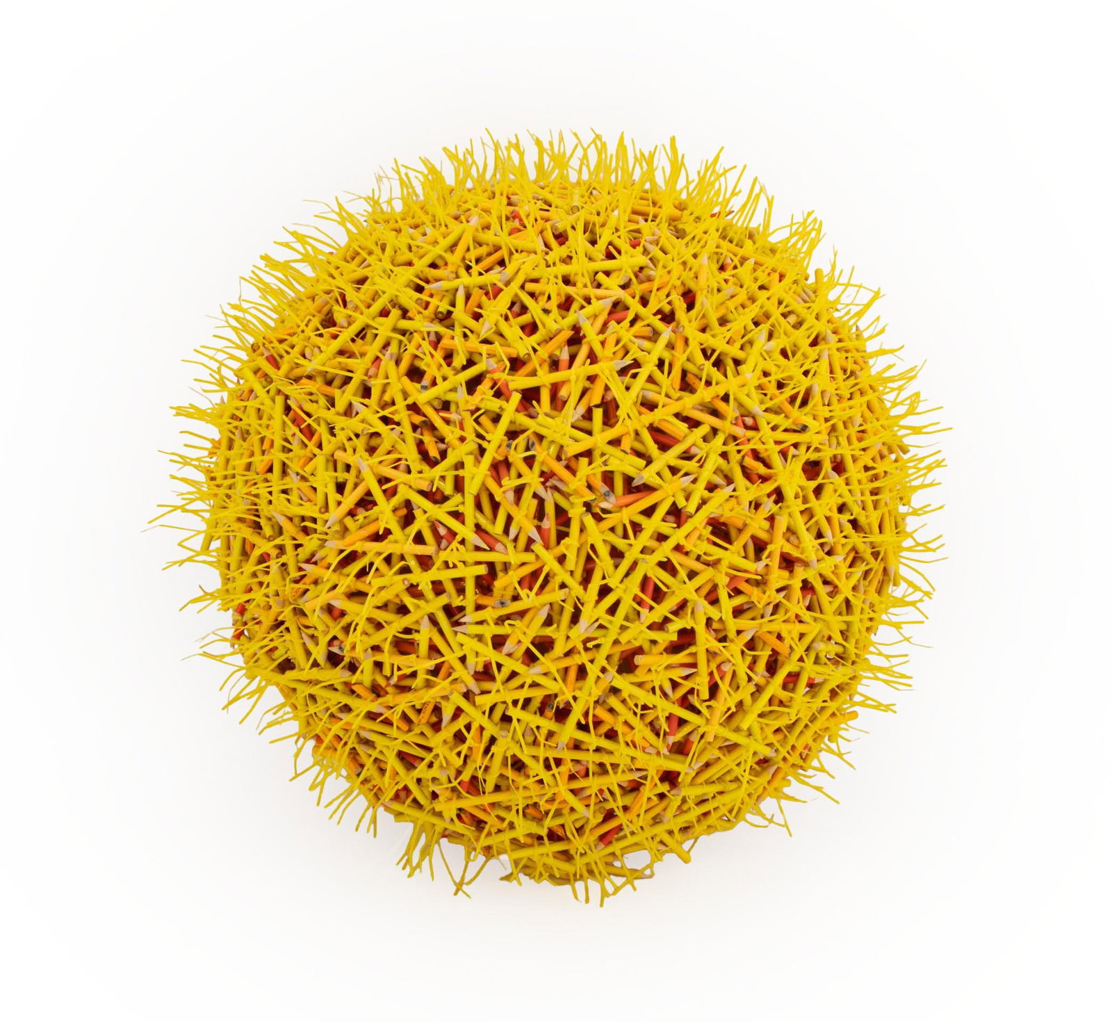 After Federico Uribe Sun Mixed Media Sculpture: After Federico Uribe (Colombian, b. 1962) Sun Form Mixed Media Sculpture, colored pencils and yellow zip ties, unsigned. 15" H x 24.5" Diameter. Provenance: From an Upper East Side Estate. Keywords: T