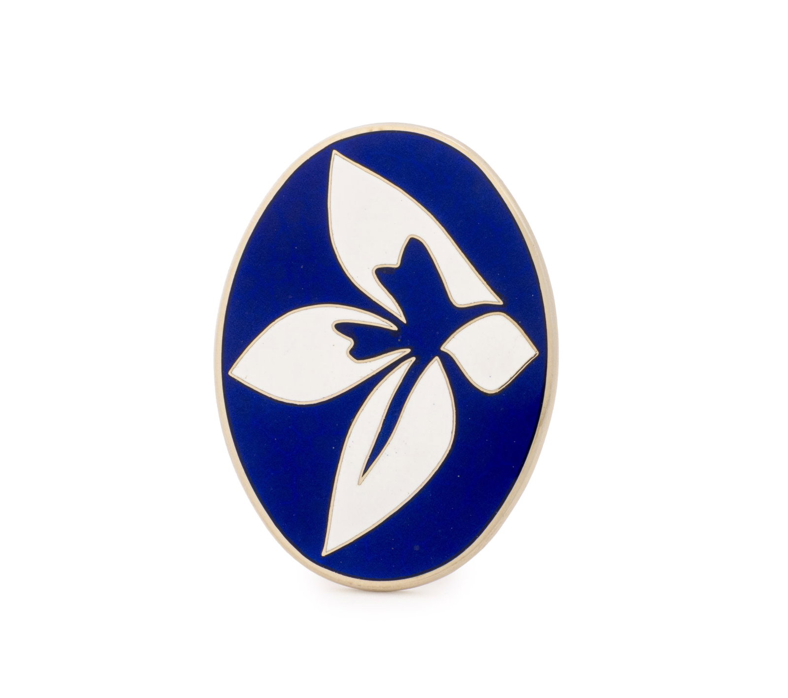 Jack Youngerman Abstract Flower Pin Pendant, 1969: Jack Youngerman (American, 1926-2020) Abstract Flower Pin Pendant, 1969, blue and white enamel on silver-tone metal, signed and marked "JY 69 / (c) Jack Youngerman 1970 / For Multiples Inc." to revers