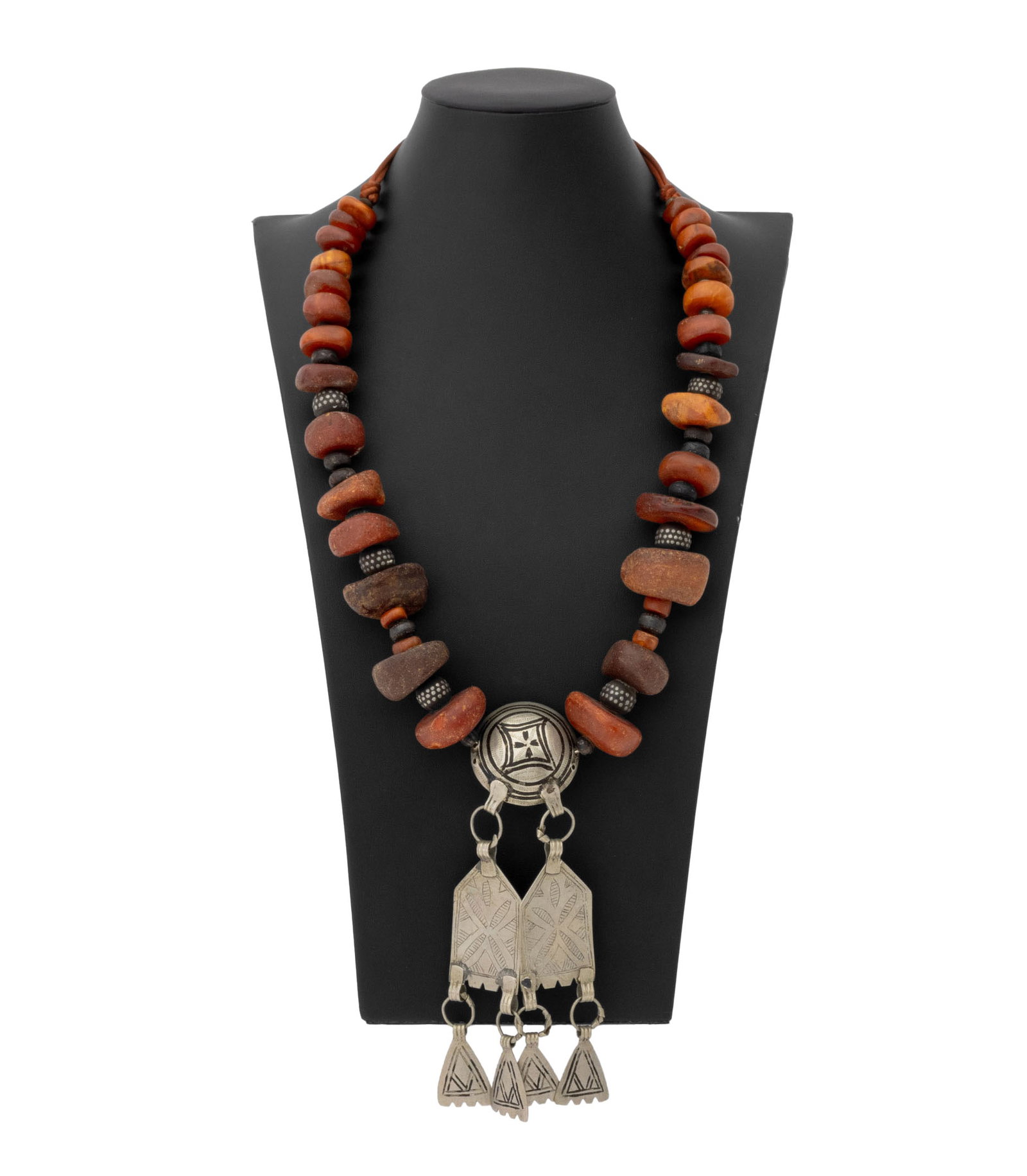 African Berber Silver & Amber Beaded Necklace: African Berber Silver and Amber Beaded Necklace. 50" L. Provenance: From the Estate of Jewelry Designer Irena Corwin. Keywords: Moroccan Art, North African Jewelry, Metalwork, Fashion, Accessories, An