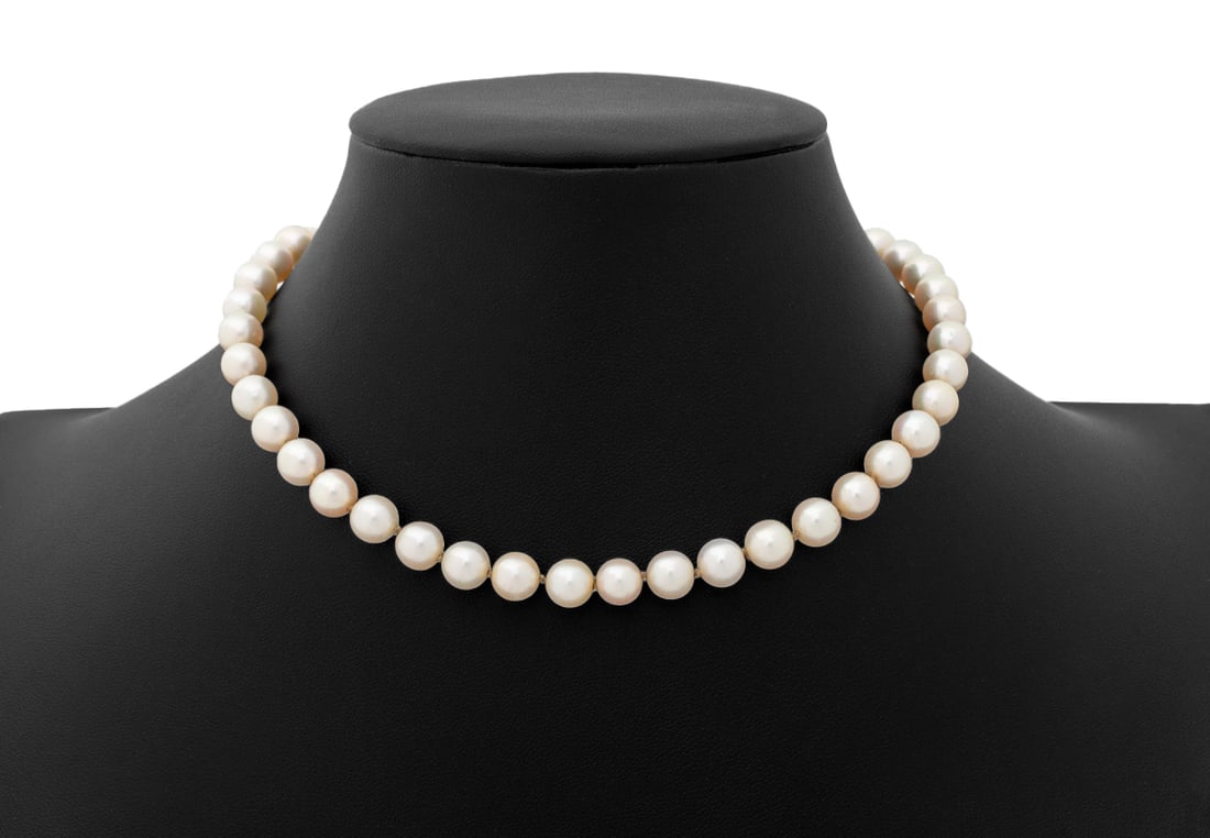 Platinum Diamond Cultured Pearl Necklace: Platinum Diamond Cultured Pearl Necklace, featuring fully drilled round cultured pearls strung on silk cords, approx. 7.5 - 8.5 mm, joined with platinum box and tongue clasp. adorned with 22 bead and 