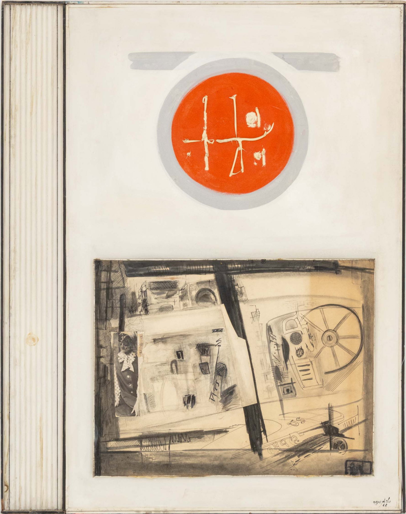 Agudelo Abstraction Mixed Media on Masonite, 1966: Agudelo (XX), Abstract Composition, Mixed Media Assemblage on Masonite, 1966, signed and dated lower left. Overall: 48.25" H x 38.25" W x 2.5" D. Provenance: From a Scarsdale, New York Estate. Keyword