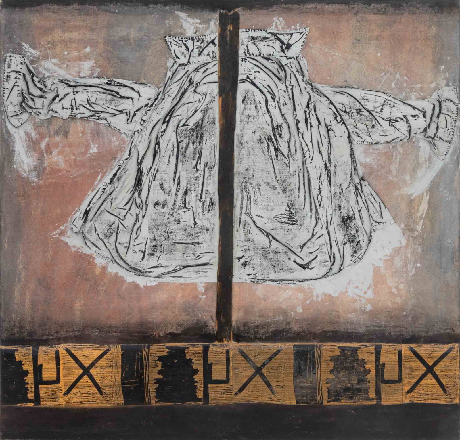 Roni Nicholson "X-Series with Gray Painted Shirt": Roni Nicholson (American, XX), "X-Series with Gray Painted Shirt", Mixed Media on Linen with Assemblage Elements, 1981, signed, titled, and dated verso, unframed. 52.25" H x 54.25" W x 1.5" D. Provena