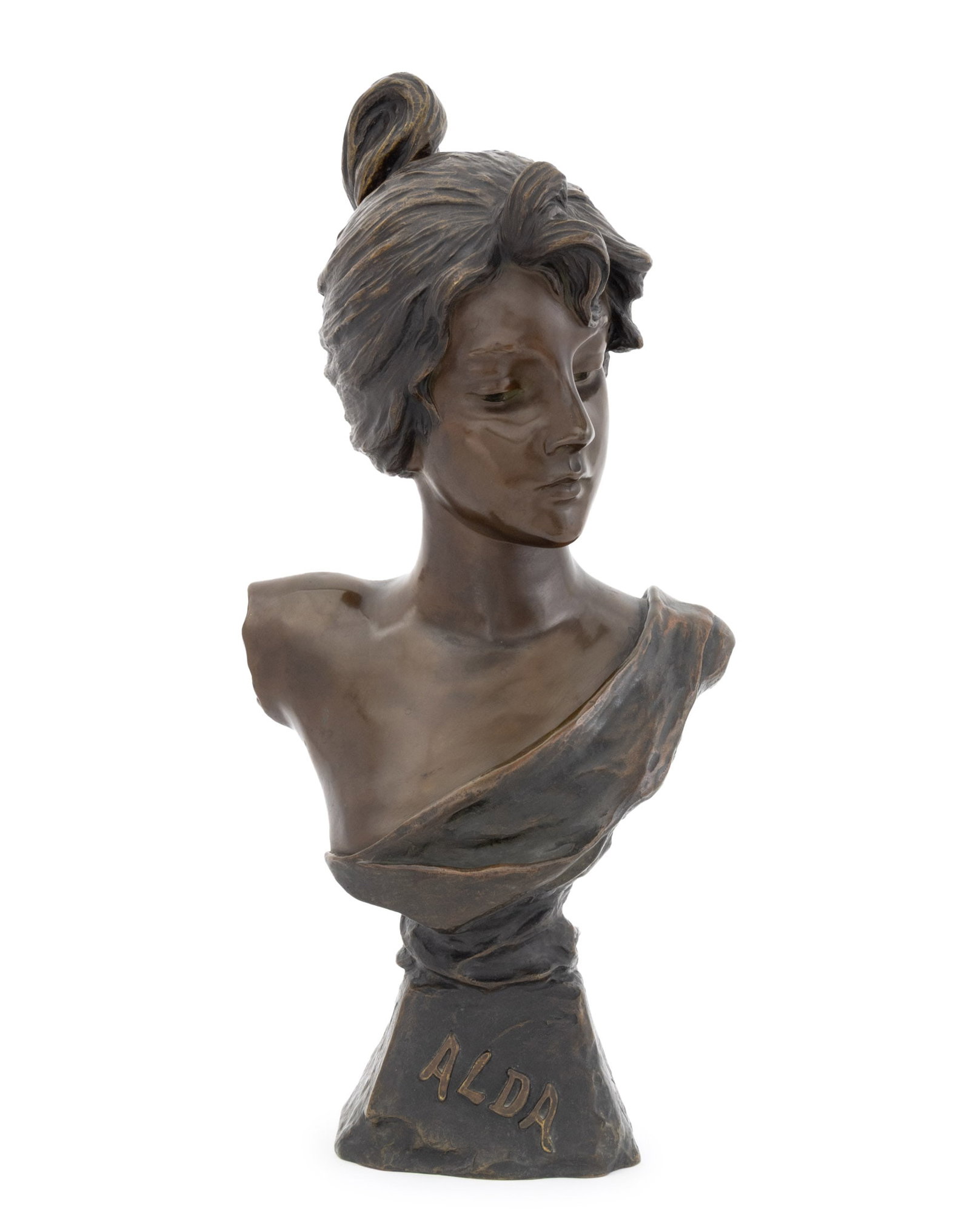 Emmanuel Villanis "Alda" Patinated Bronze Bust: Emmanuel Villanis (French, 1858-1914) "Alda" Patinated Bronze Bust Sculpture, signed "E. Villanis" and titled to socle base with foundry mark "Bronze Garanti au Titre L.V. Deposee" to reverse. 23.25" 