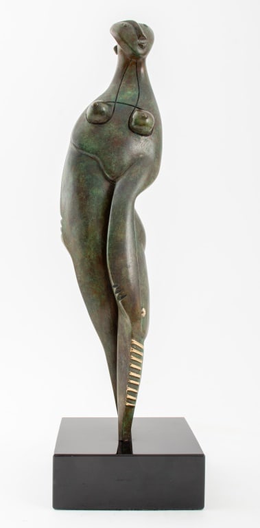 Ronald K. Parker "Life" Bronze Sculpture, 1999: Ronald K. Parker (American, b. 1939) "Life" Verdigris Patinated Bronze Sculpture, 1999, signed "Parker" and marked "c 99 26/99" to leg. 18" H x 5.25" W x 5.25" D. Provenance: From a New York City Coll