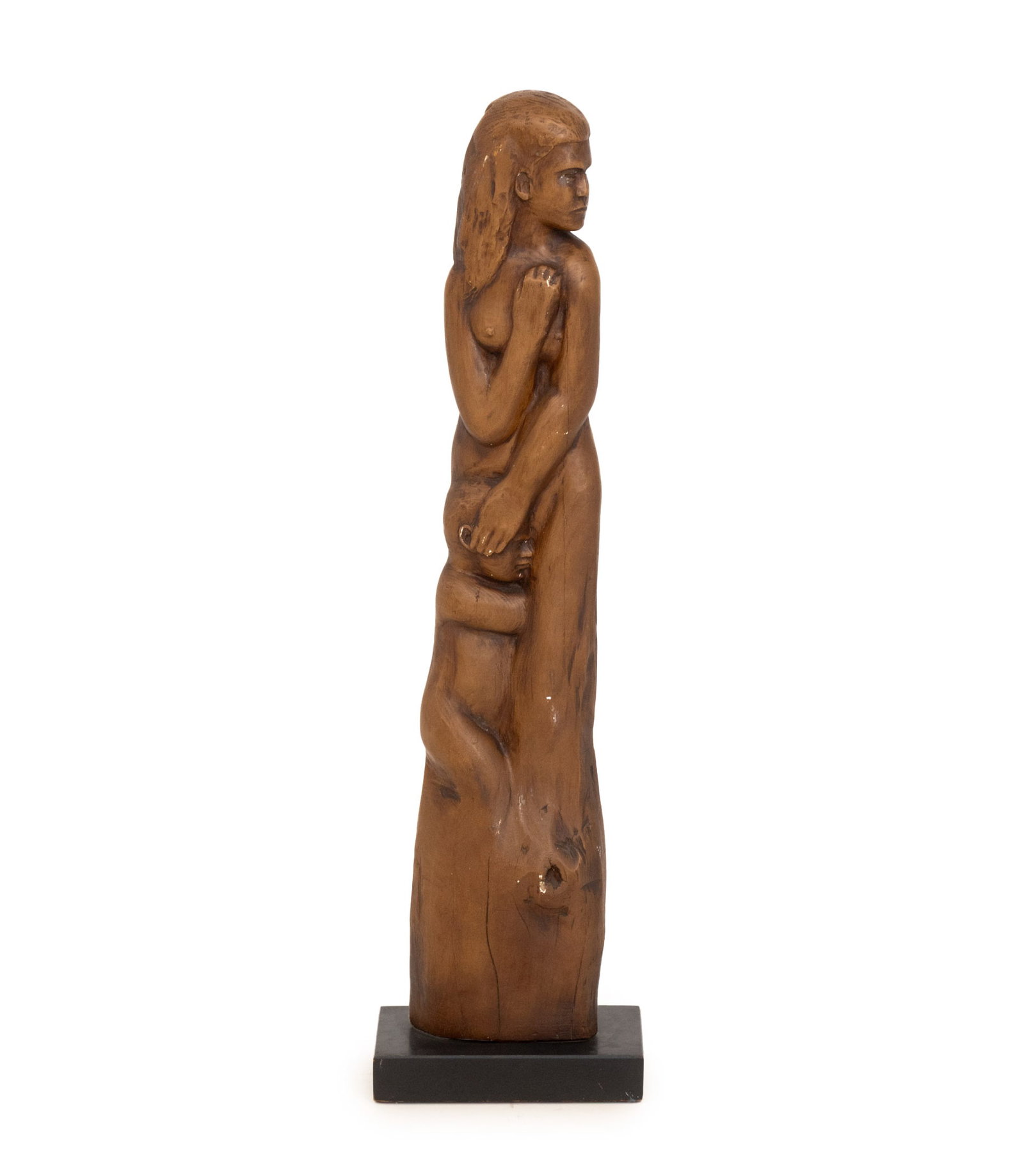 Ben Lassen Mother and Child Carved Wood Sculpture: Ben Lassen (American, 1904-1968) Mother and Child Carved Wood Sculpture, signed, mounted on ebonized wood base. Overall: 39" H x 10.5" W x 6.5" D. Provenance: A Brooklyn Heights, New York Estate. Keyw