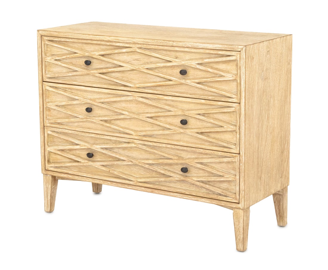 Contemporary Cerused Wood Chest of Drawers: Contemporary Cerused Wood Chest of Drawers, three slide drawers, diamond motif to front. 31.75" H x 39.25" W x 15.75" D. Provenance: From a Forest Hills Gardens Estate. Keywords: Modern Furniture, Sto