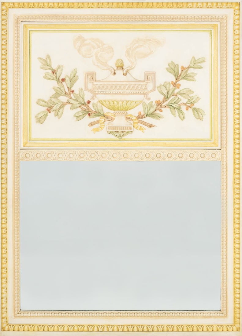 Louis XVI Style Painted & Giltwood Boiserie Mirror: Louis XVI Style Painted and Giltwood Boiserie Mirror, the top panel with urn and garland decoration in relief. Overall: 66.25" H x 47.75" W x 2.5" D; mirror plate: 29.75" H x 40" W. Provenance: From a