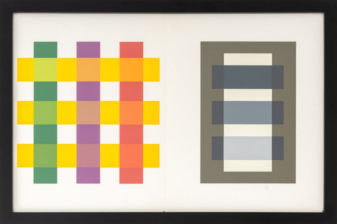 Josef Albers "The Interaction of Color Plate XI-3": Josef Albers (German/American, 1888-1976), "The Interaction of Color Plate XI-3", Screenprint in Colors on Paper, 1973, published by Josef Keller Verlag Starnberg, black frame. Image: 12.5" H x 19.5" 