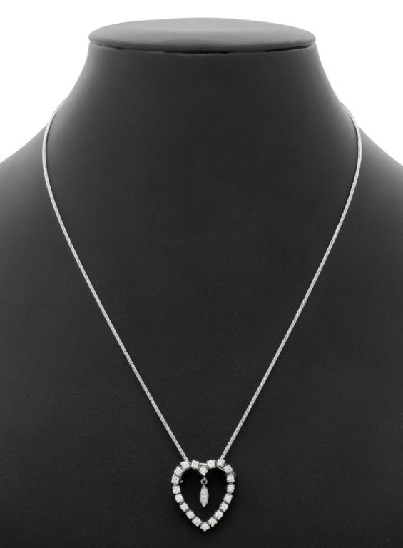 Diamond Heart Pendant White Gold Necklace: Diamond Heart 14K White Gold Brooch Pendant Necklace, featuring detachable pendant / pin with 20 round brilliant cut diamonds and one marquise brilliant diamond, combine diamonds weighing a total of