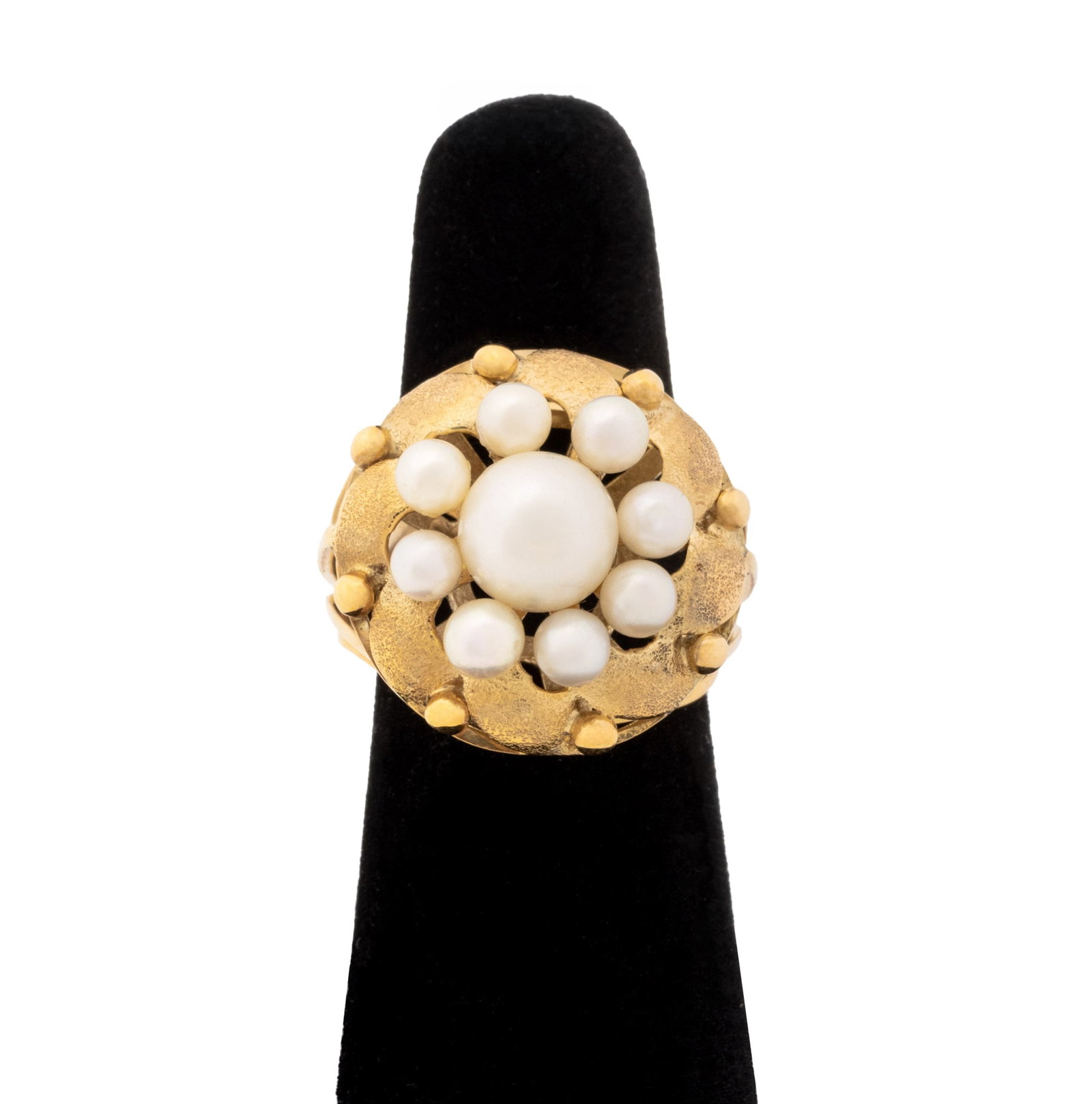 Vintage Yellow Gold Pearl Cocktail Ring, 1970s: Vintage 14K Yellow Gold Pearl Floral Motif Lattice Design Cocktail Ring, 1970s. Center cultured pearl approx: 7.6 mm, surrounded by eight smaller pearls approx: 3.5 - 3.8 mm each. Ring measures: 1.25"