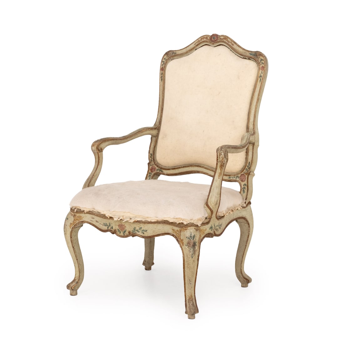 Louis XV Paint-Decorated Fauteuil, 18th C.: Louis XV Paint-Decorated Fauteuil, 18th century, with polychrome floral motif on a green and giltwood ground. 42" H x 27" W x 26" D; seat: 18" H. Provenance: From a New York City Collection. Keywords: