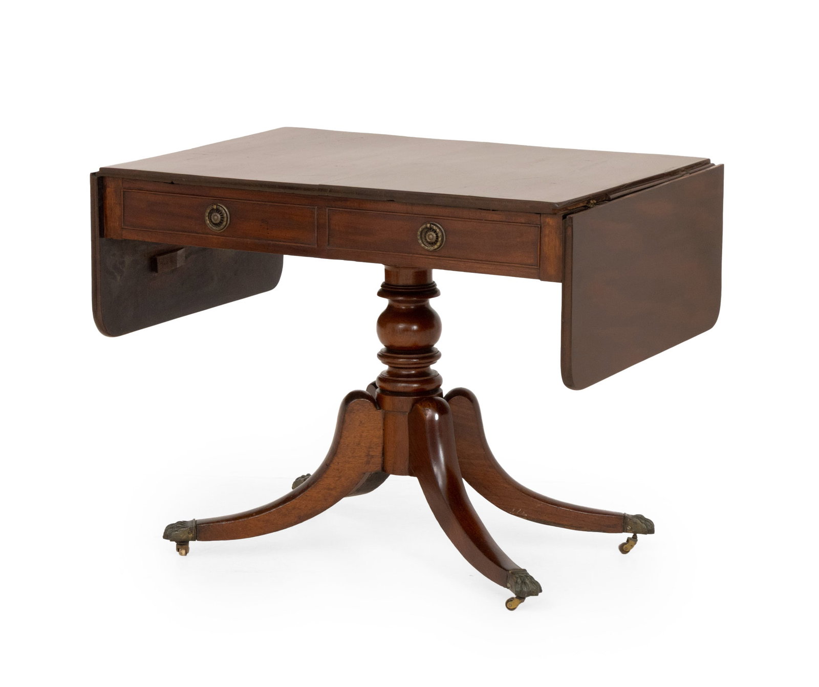Regency Mahogany Drop Leaf Sofa Table: Regency Mahogany Drop Leaf Sofa Table, on pedestal base with four brass mounted paw feet. Closed: 28.25" H x 37" W x 25.25" D. Provenance: From a 45 East 62nd Street Collection. Keywords: Antique Furn